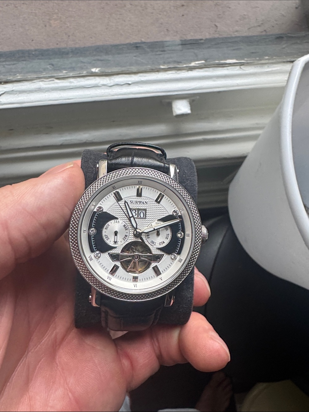 Men's Silver Dial Automatic Watch with Black Leather Strap